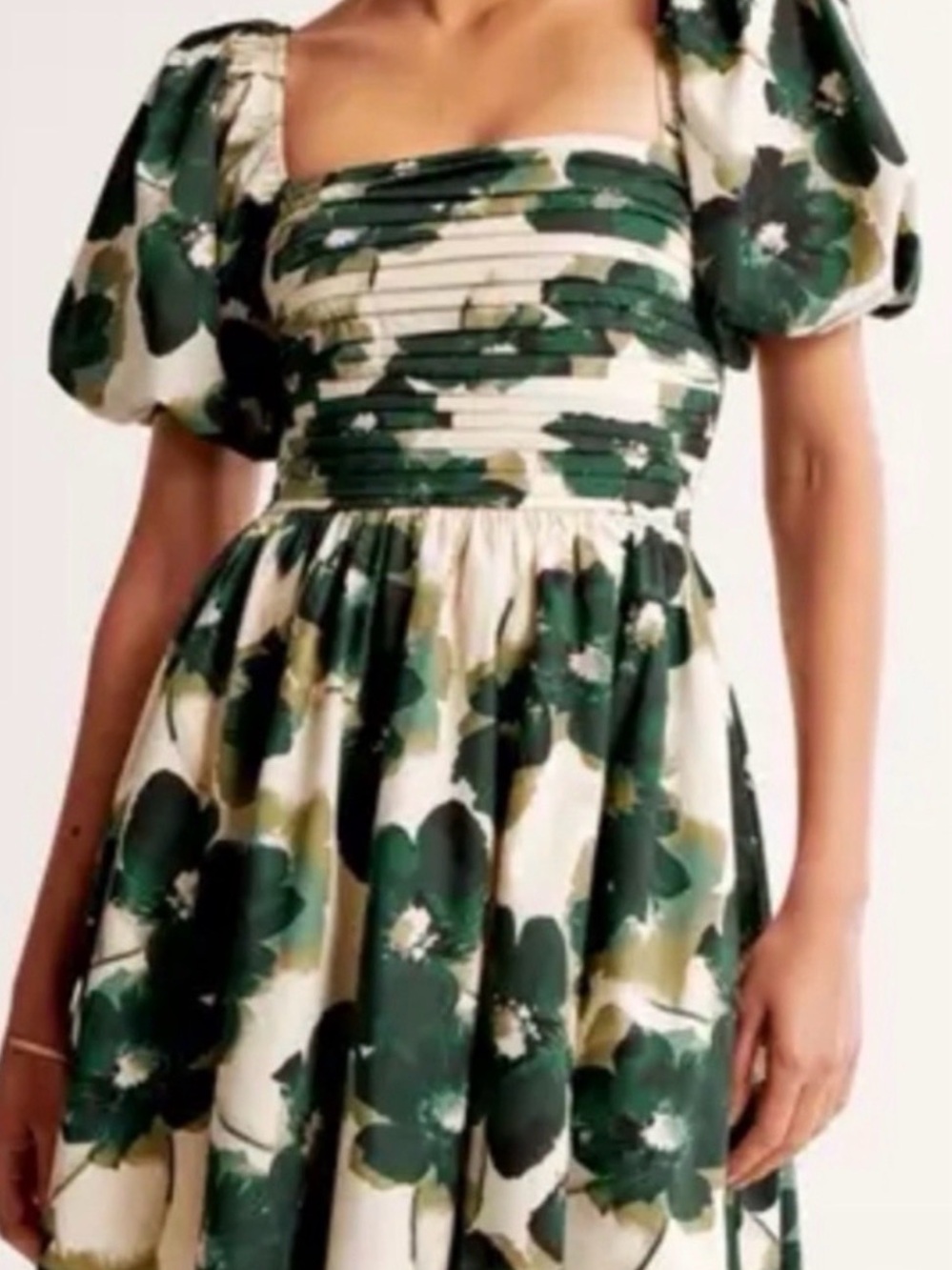 Abercrombie & Fitch Green Floral Puff-Sleeve Mini Dress